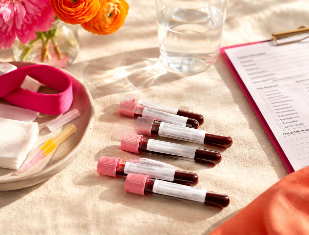 Comprehensive bloodwork vials and lab paperwork arranged on warm linen