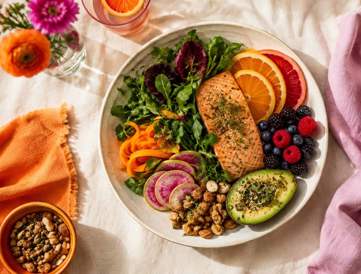 Colorful whole-food meal with salmon, greens, citrus, and berries